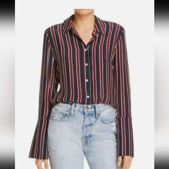 Frame Denim Tops - Frame Silk Burgundy Red Navy Cream Striped French Cuff Boho Button Down Shirt M